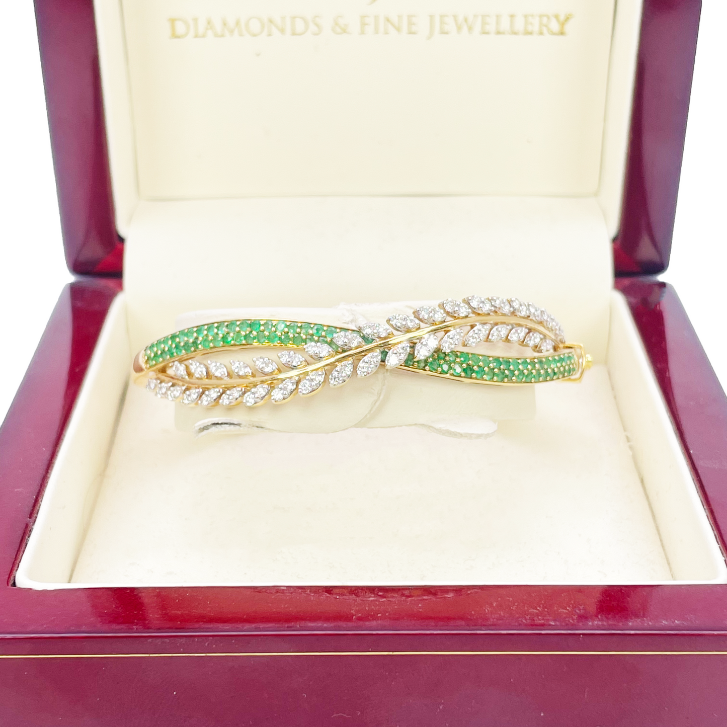 18ct Yellow Gold Diamond & Emerald Leaf Bangle Bracelet 2.17ct Diameter 2.2 Inch