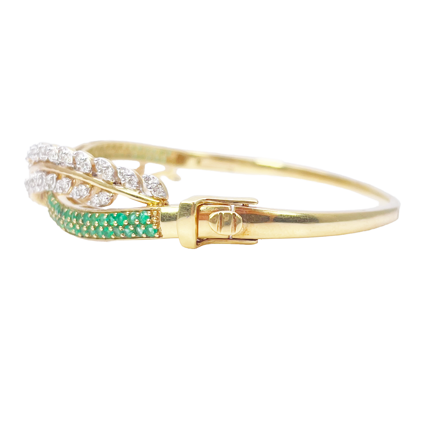 18ct Yellow Gold Diamond & Emerald Leaf Bangle Bracelet 2.17ct Diameter 2.2 Inch