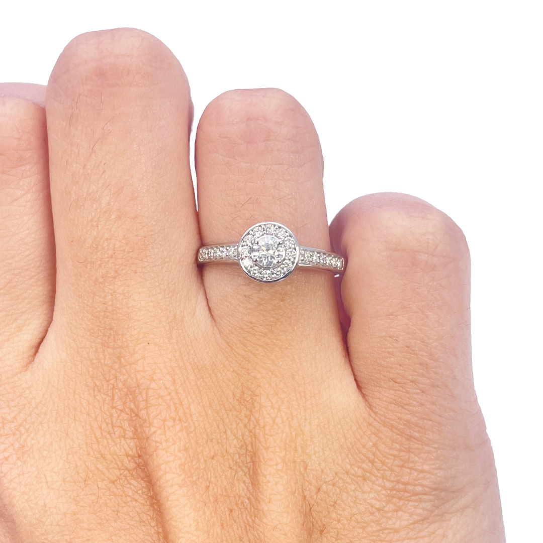 18ct White Gold & Round Natural Diamond Pavi Halo Ring 0.30ct
