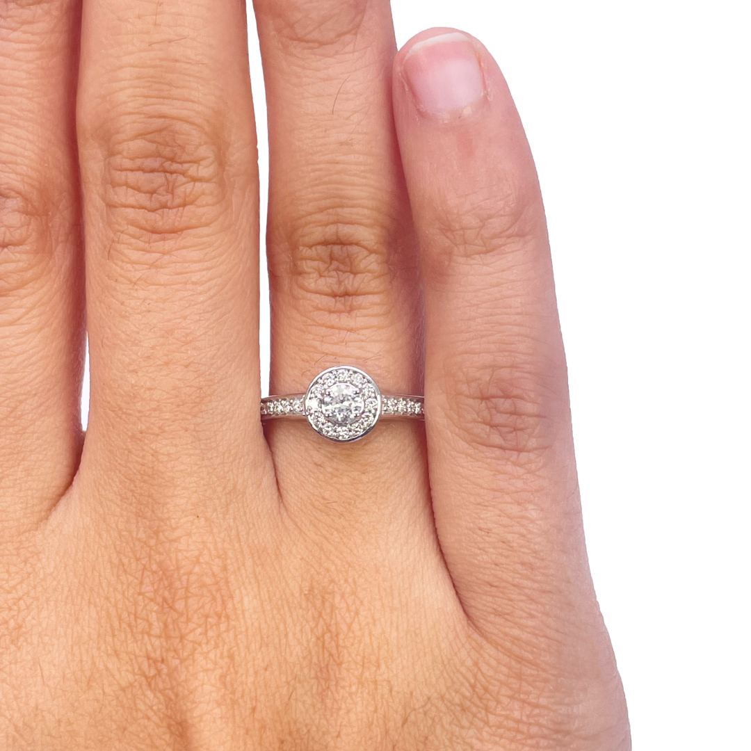 18ct White Gold & Round Natural Diamond Pavi Halo Ring 0.30ct