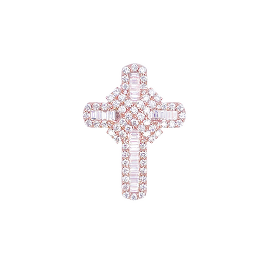9ct Rose Gold Baguette & Round Natural Diamond Cross Pendant 1.00ct 