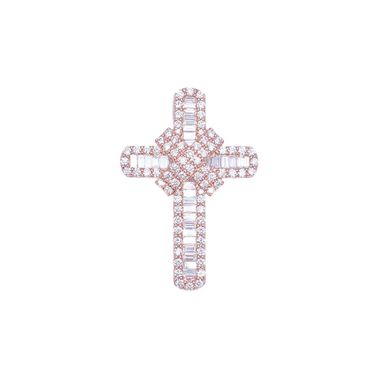 9ct Rose Gold Baguette & Round Natural Diamond Cross Pendant 3.00ct 