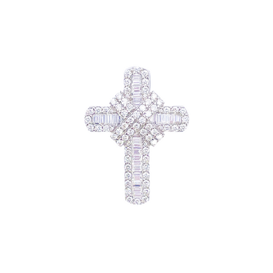 9ct White Gold Baguette & Round Natural Diamond Cross Pendant 1.50ct 