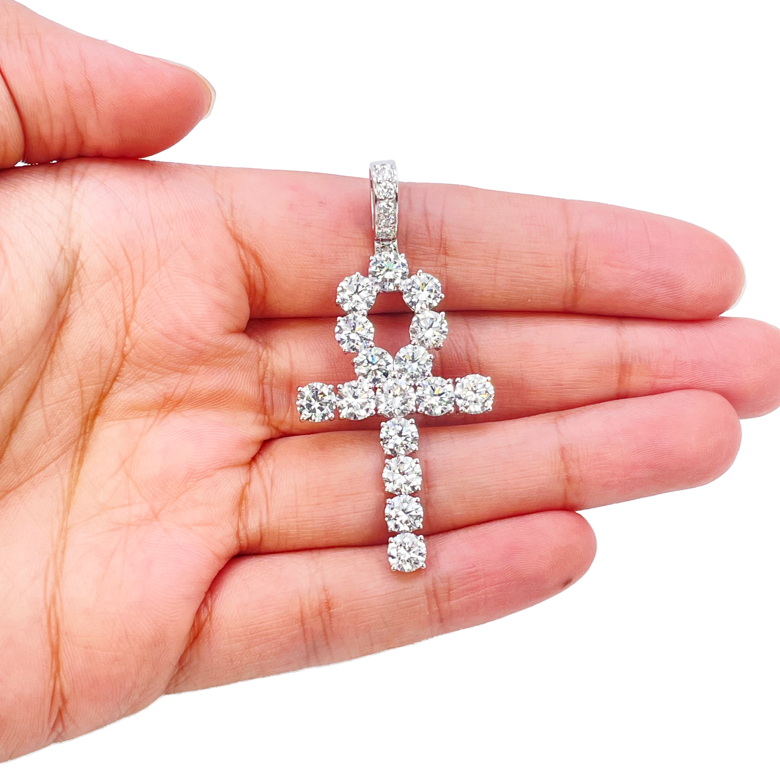 9ct White Gold Round Lab-Grown Diamond Egyptian Ankh Pendant 7.44ct (52x25mm) 