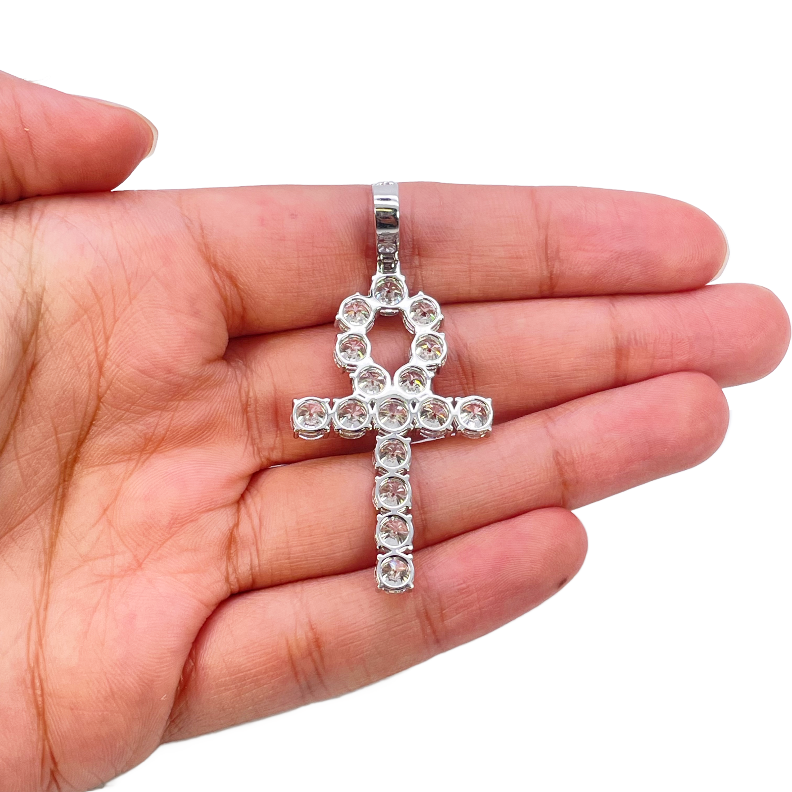 9ct White Gold Round Lab-Grown Diamond Egyptian Ankh Pendant 7.44ct (52x25mm) 