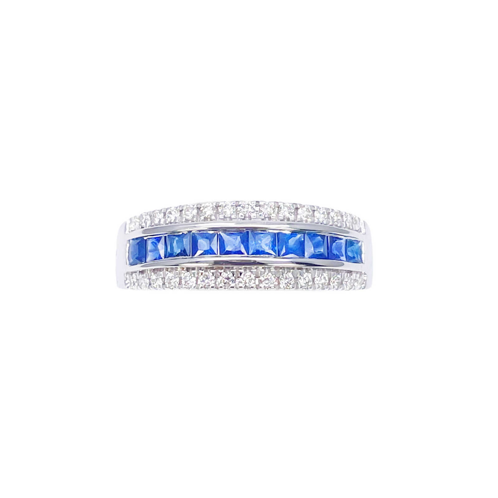 9ct White Gold Three Row Round Diamond & Princess Cut Sapphire Ring 0.95ct  Diamond Ring