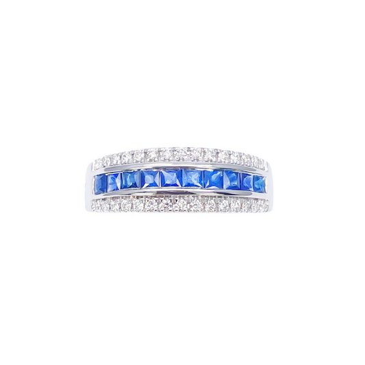 9ct White Gold Three Row Round Diamond & Princess Cut Sapphire Ring 0.95ct  Diamond Ring