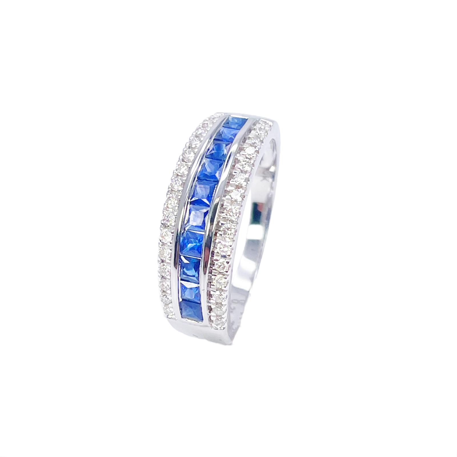 9ct White Gold Three Row Round Diamond & Princess Cut Sapphire Ring 0.95ct  Diamond Ring