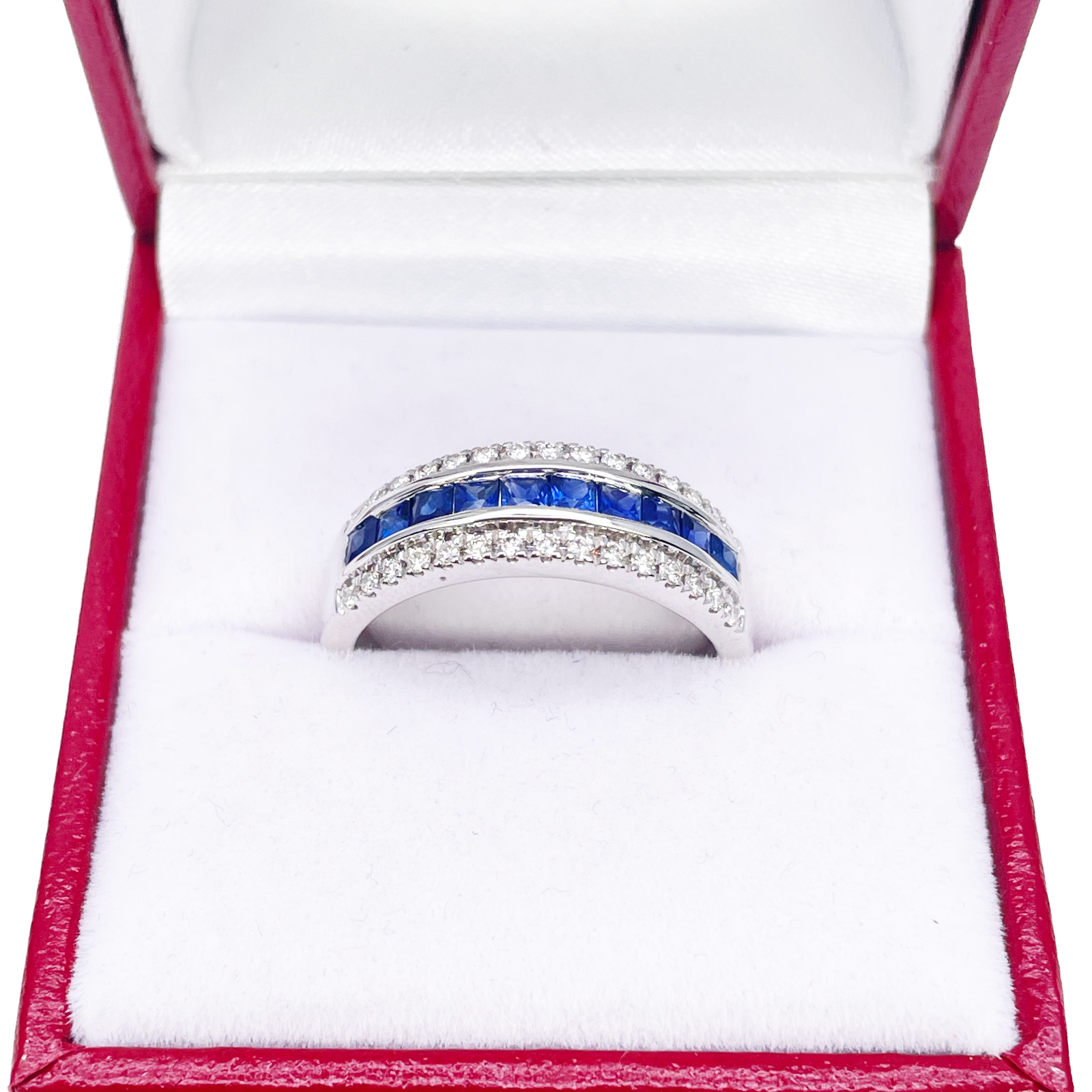 9ct White Gold Three Row Round Diamond & Princess Cut Sapphire Ring 0.95ct  Diamond Ring