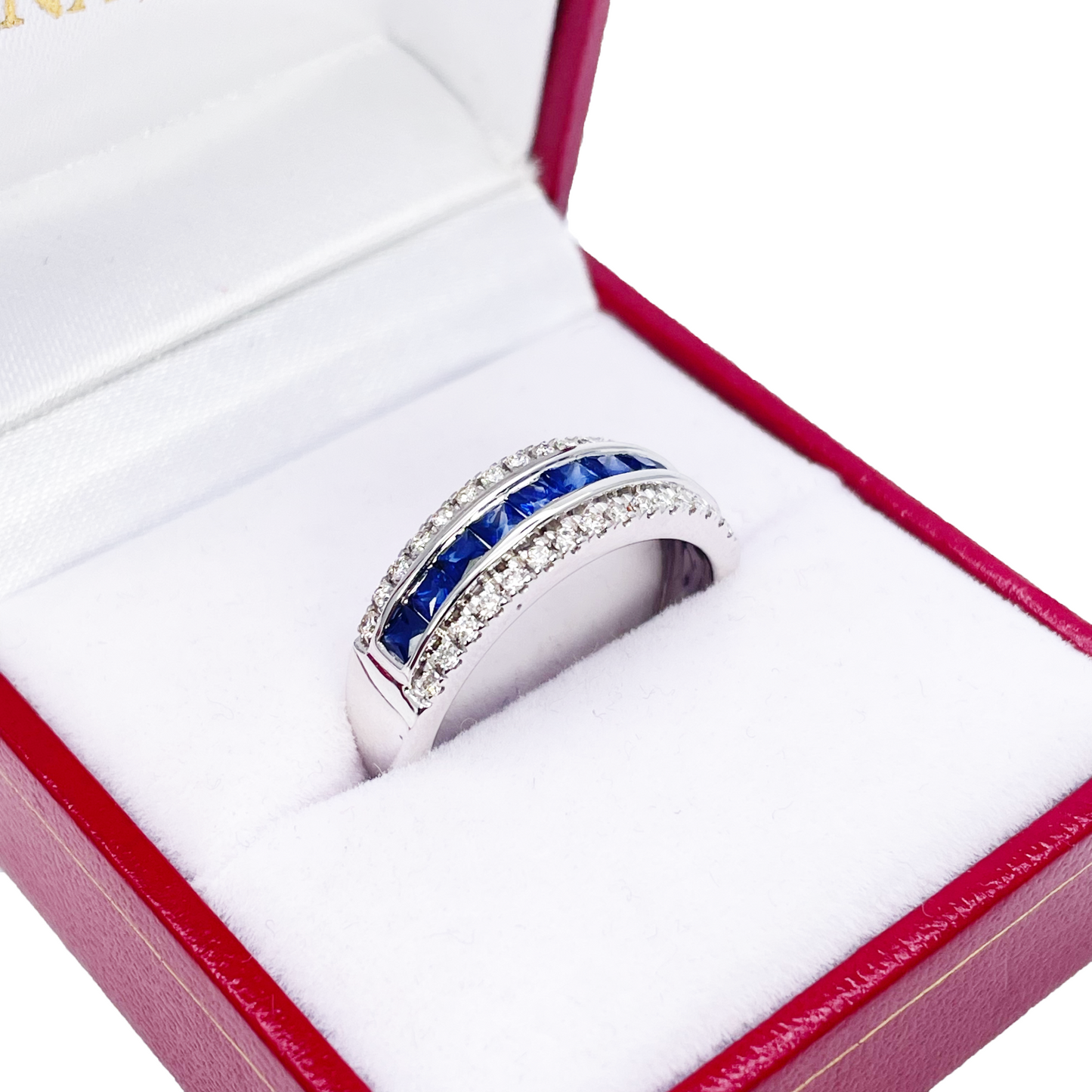 9ct White Gold Three Row Round Diamond & Princess Cut Sapphire Ring 0.95ct  Diamond Ring