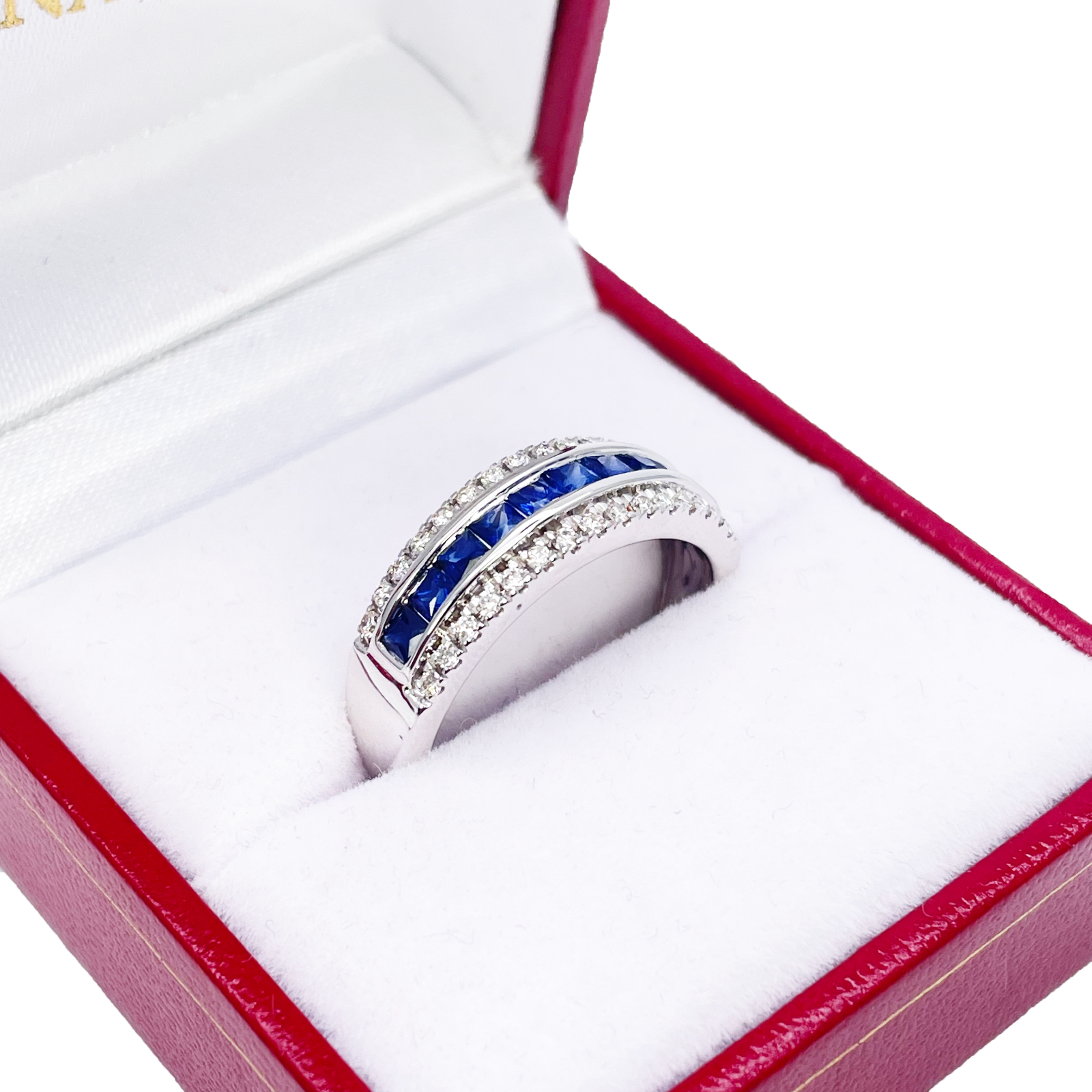 9ct White Gold Three Row Round Diamond & Princess Cut Sapphire Ring 0.95ct  Diamond Ring