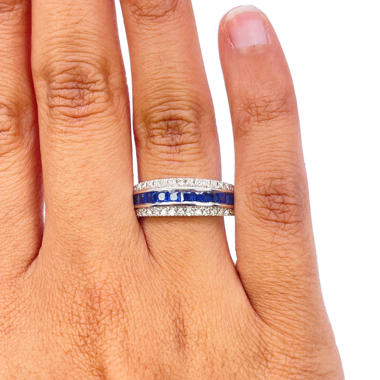 9ct White Gold Three Row Round Diamond & Princess Cut Sapphire Ring 0.95ct  Diamond Ring