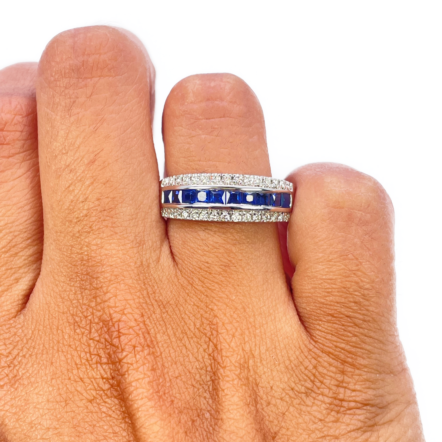 9ct White Gold Three Row Round Diamond & Princess Cut Sapphire Ring 0.95ct  Diamond Ring