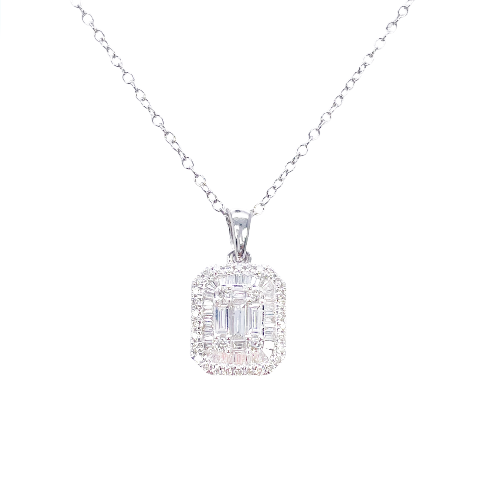 9ct White Gold & Natural Round & Baguette Diamonds Pendant Necklace 0.50ct 