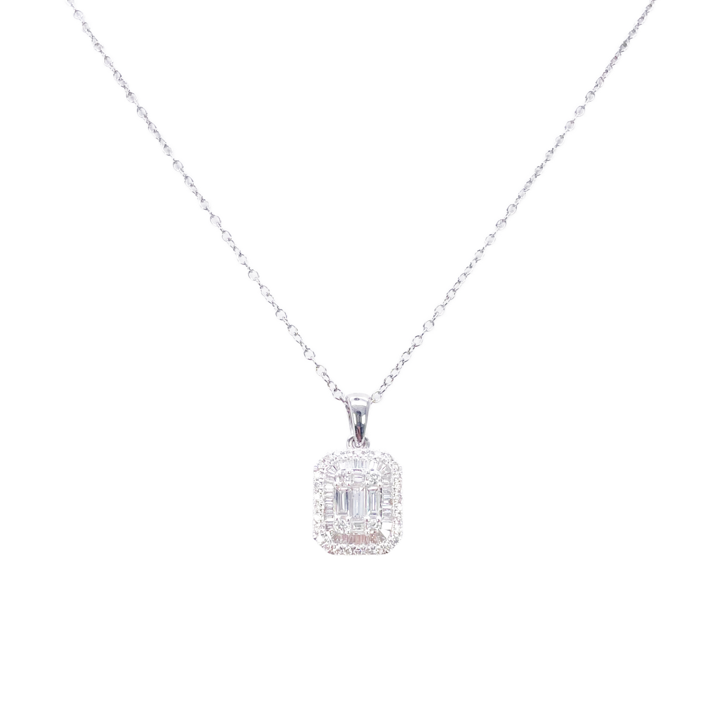 9ct White Gold & Natural Round & Baguette Diamonds Pendant Necklace 0.50ct 