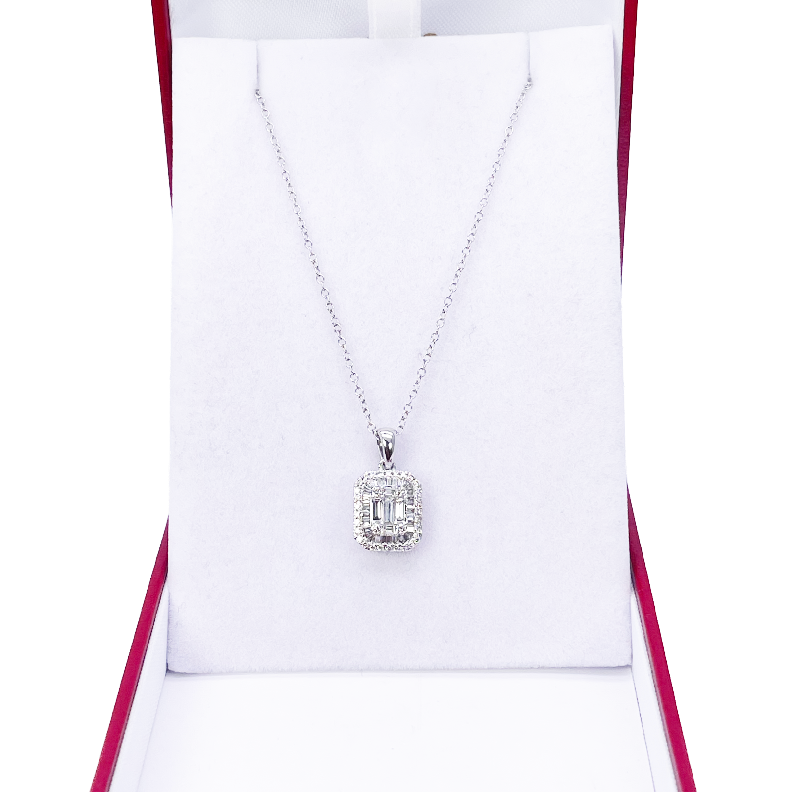 9ct White Gold & Natural Round & Baguette Diamonds Pendant Necklace 0.50ct 