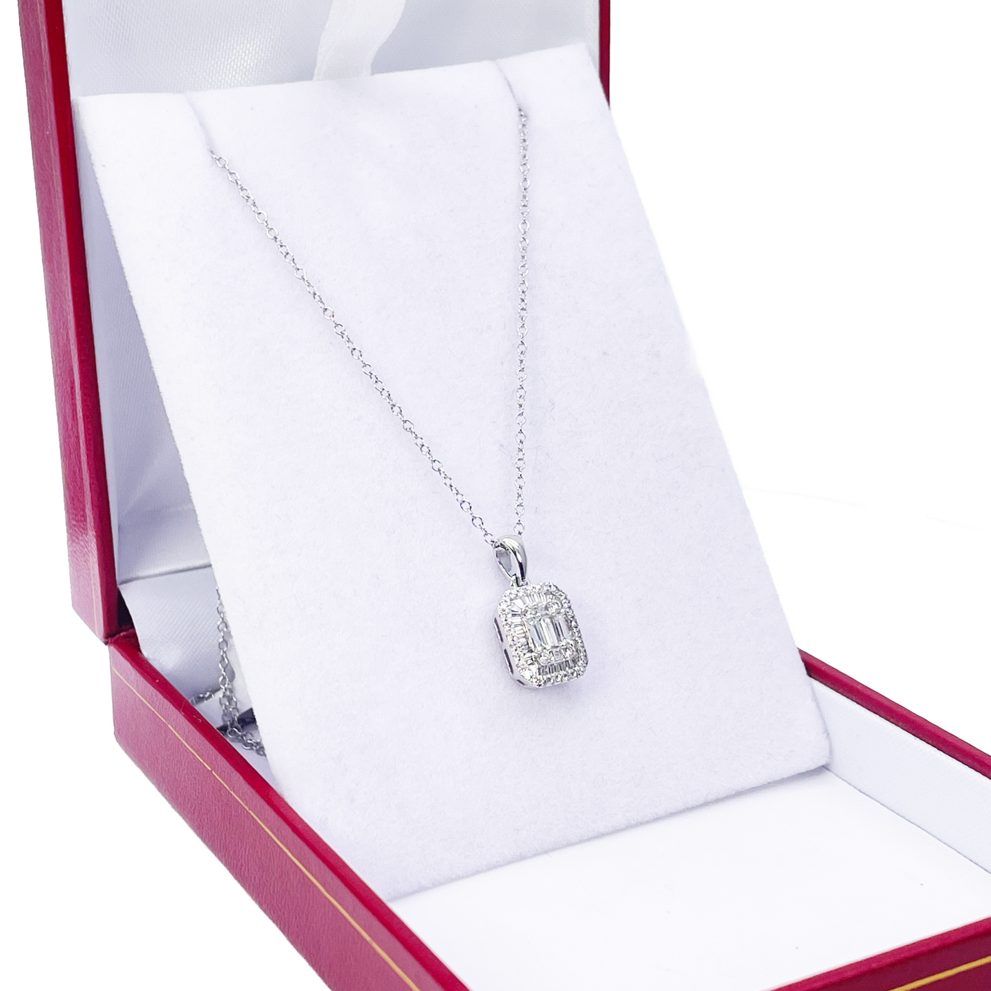 9ct White Gold & Natural Round & Baguette Diamonds Pendant Necklace 0.50ct 