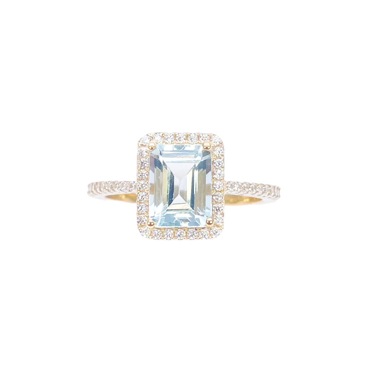 9ct Yellow Gold Emerald-Cut Aquamarine & Round Diamond Halo Ring 1.73ct 