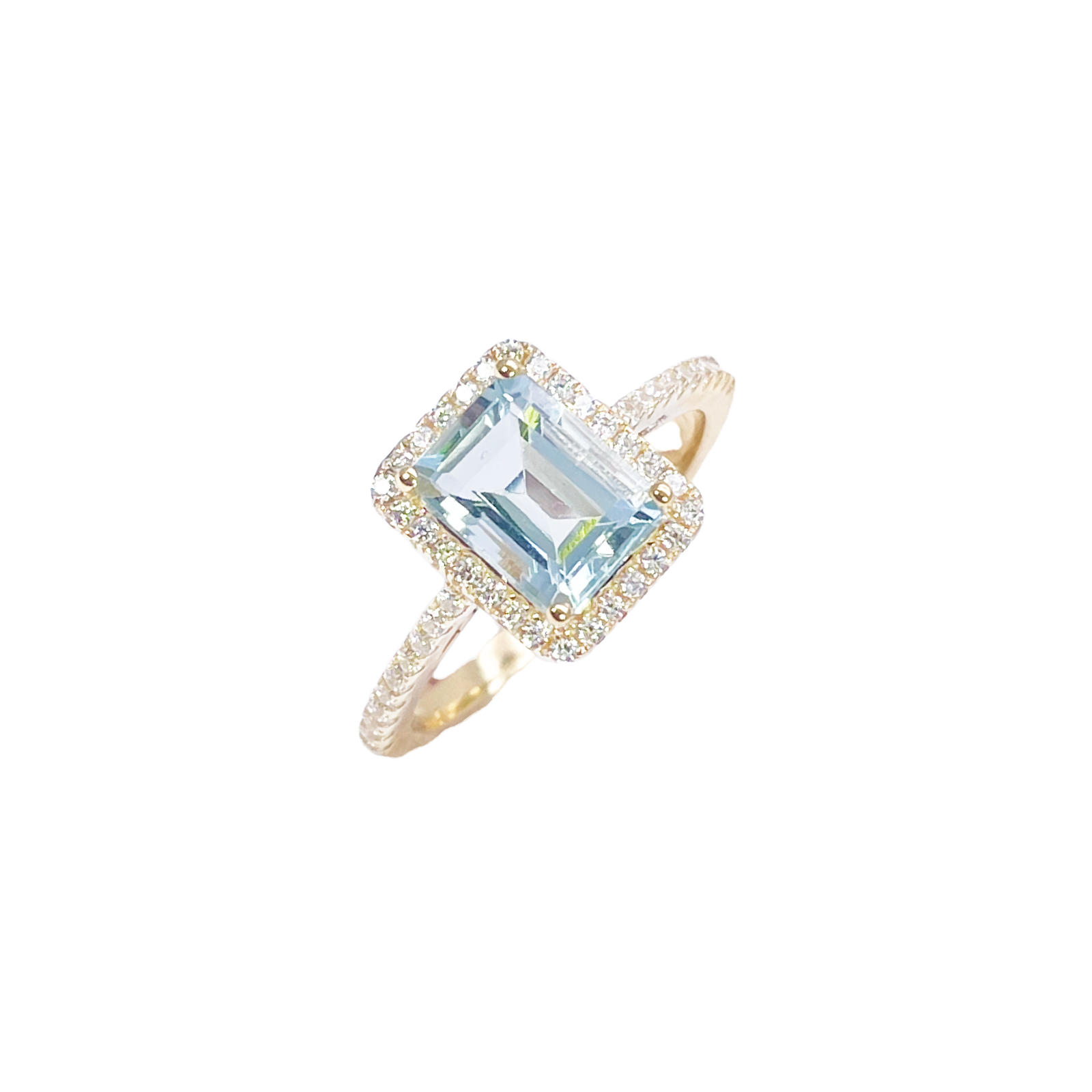 9ct Yellow Gold Emerald-Cut Aquamarine & Round Diamond Halo Ring 1.73ct 