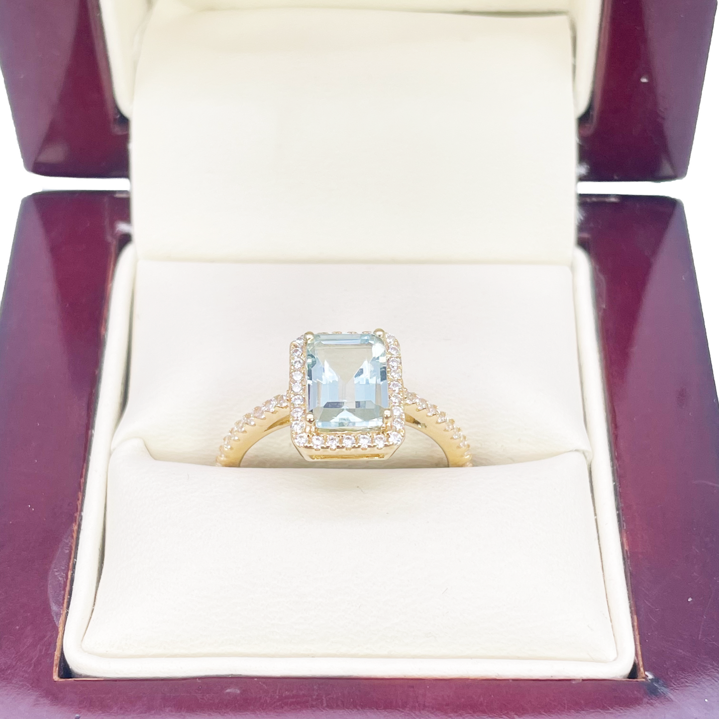 9ct Yellow Gold Emerald-Cut Aquamarine & Round Diamond Halo Ring 1.73ct 