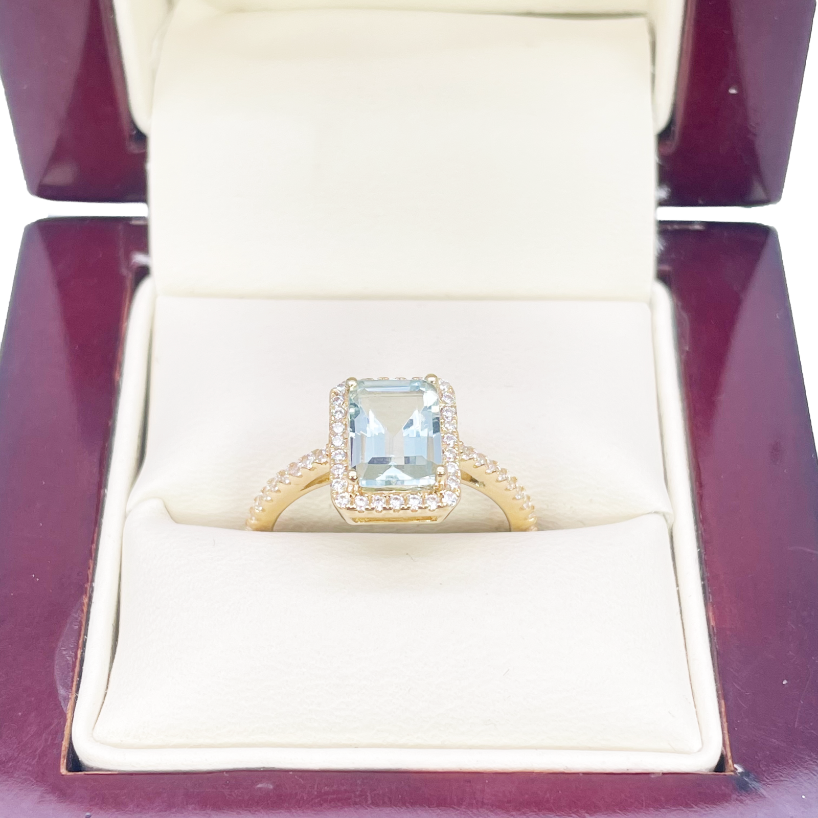 9ct Yellow Gold Emerald-Cut Aquamarine & Round Diamond Halo Ring 1.73ct 
