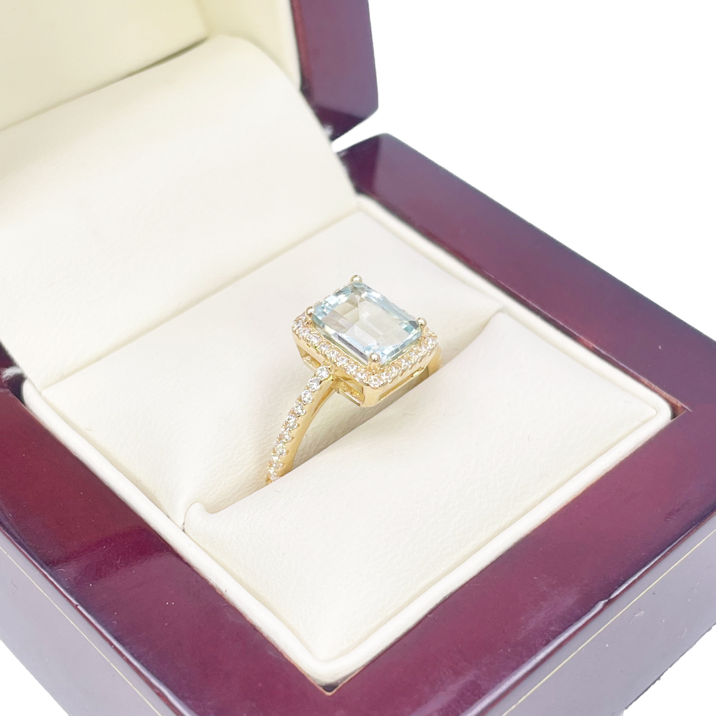 9ct Yellow Gold Emerald-Cut Aquamarine & Round Diamond Halo Ring 1.73ct 