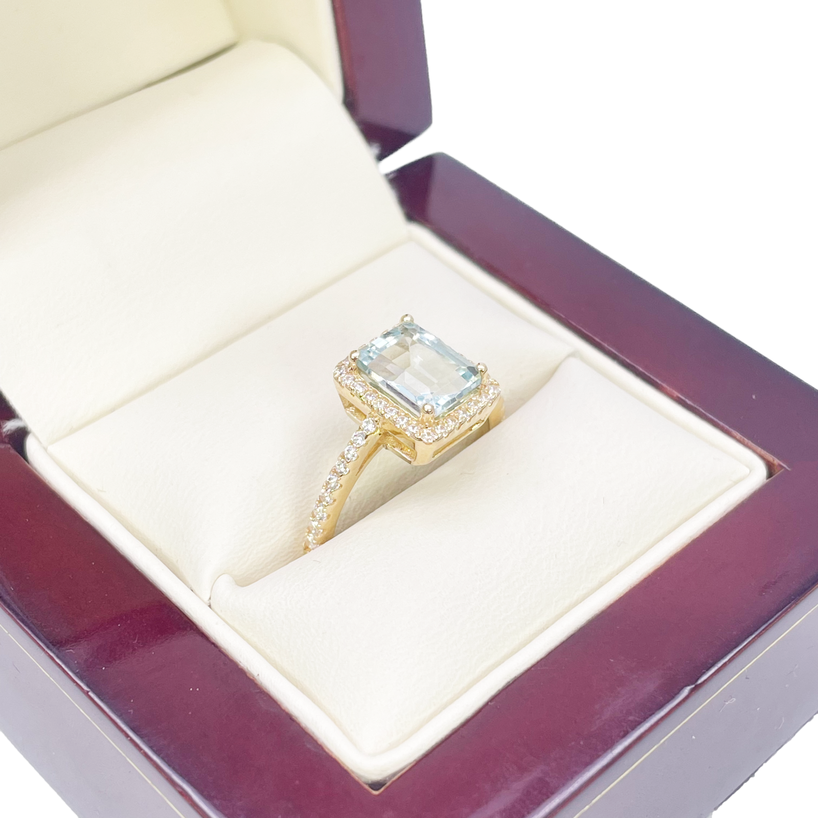 9ct Yellow Gold Emerald-Cut Aquamarine & Round Diamond Halo Ring 1.73ct 
