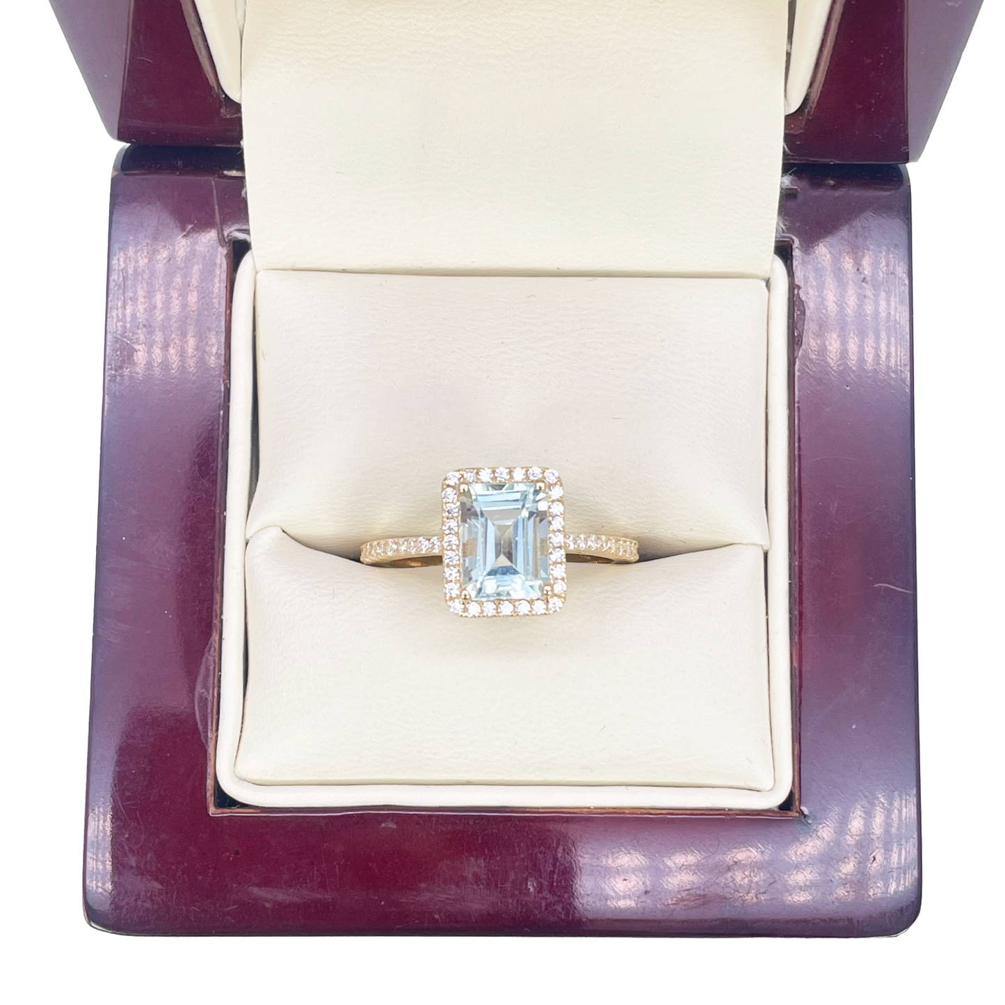 9ct Yellow Gold Emerald-Cut Aquamarine & Round Diamond Halo Ring 1.73ct 