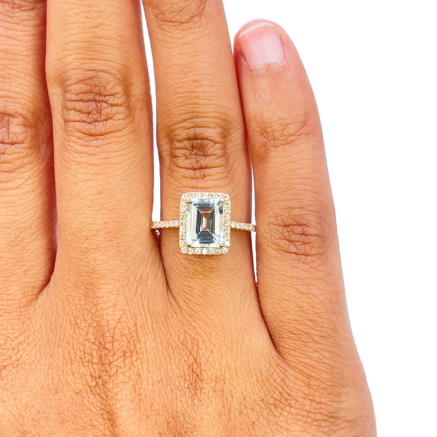 9ct Yellow Gold Emerald-Cut Aquamarine & Round Diamond Halo Ring 1.73ct 