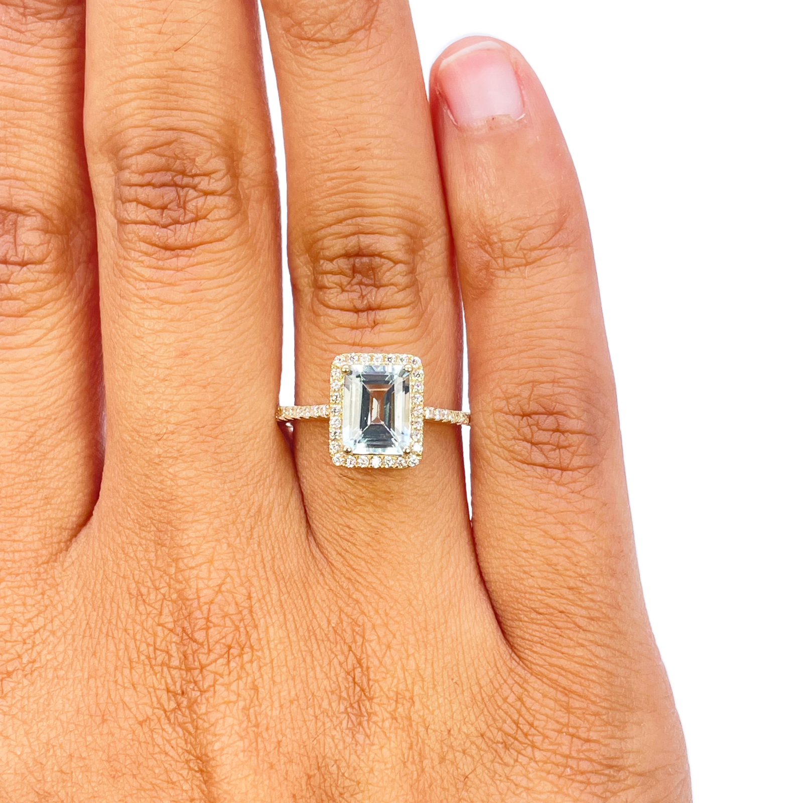 9ct Yellow Gold Emerald-Cut Aquamarine & Round Diamond Halo Ring 1.73ct 