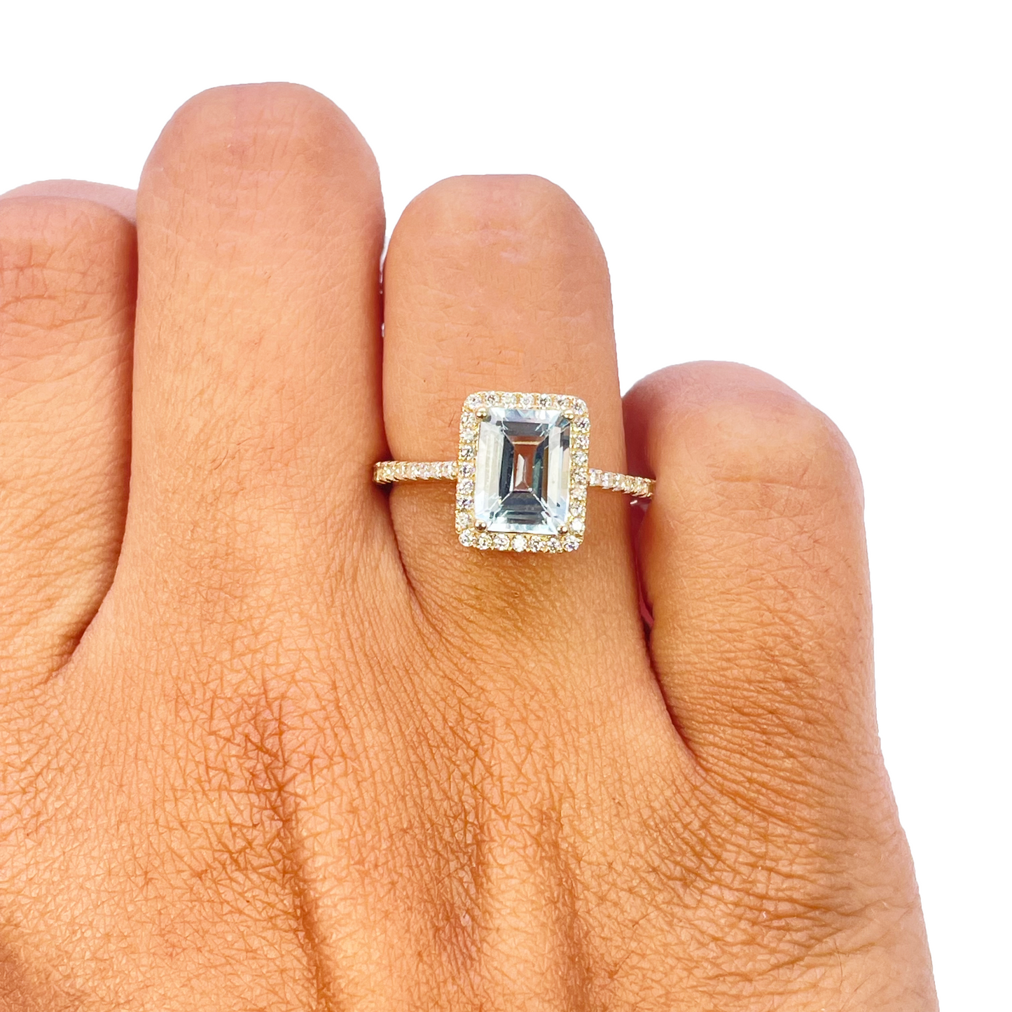 9ct Yellow Gold Emerald-Cut Aquamarine & Round Diamond Halo Ring 1.73ct 
