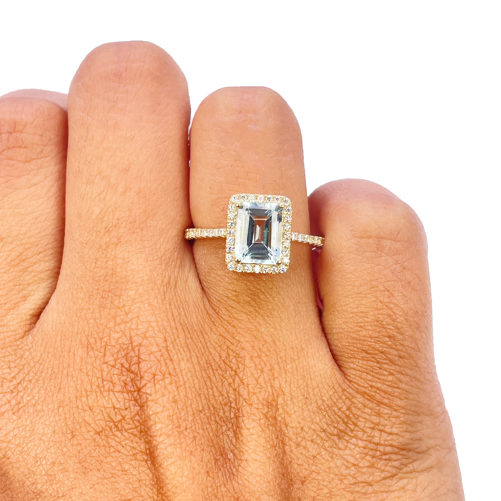 9ct Yellow Gold Emerald-Cut Aquamarine & Round Diamond Halo Ring 1.73ct 