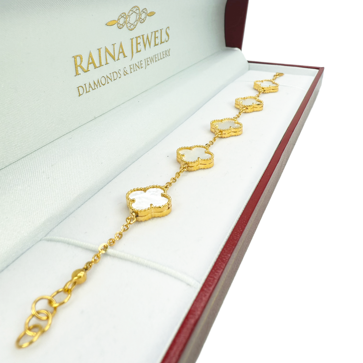 22ct Yellow Gold 5 Floral Clover Mother Of Pearl Bracelet 7 inches