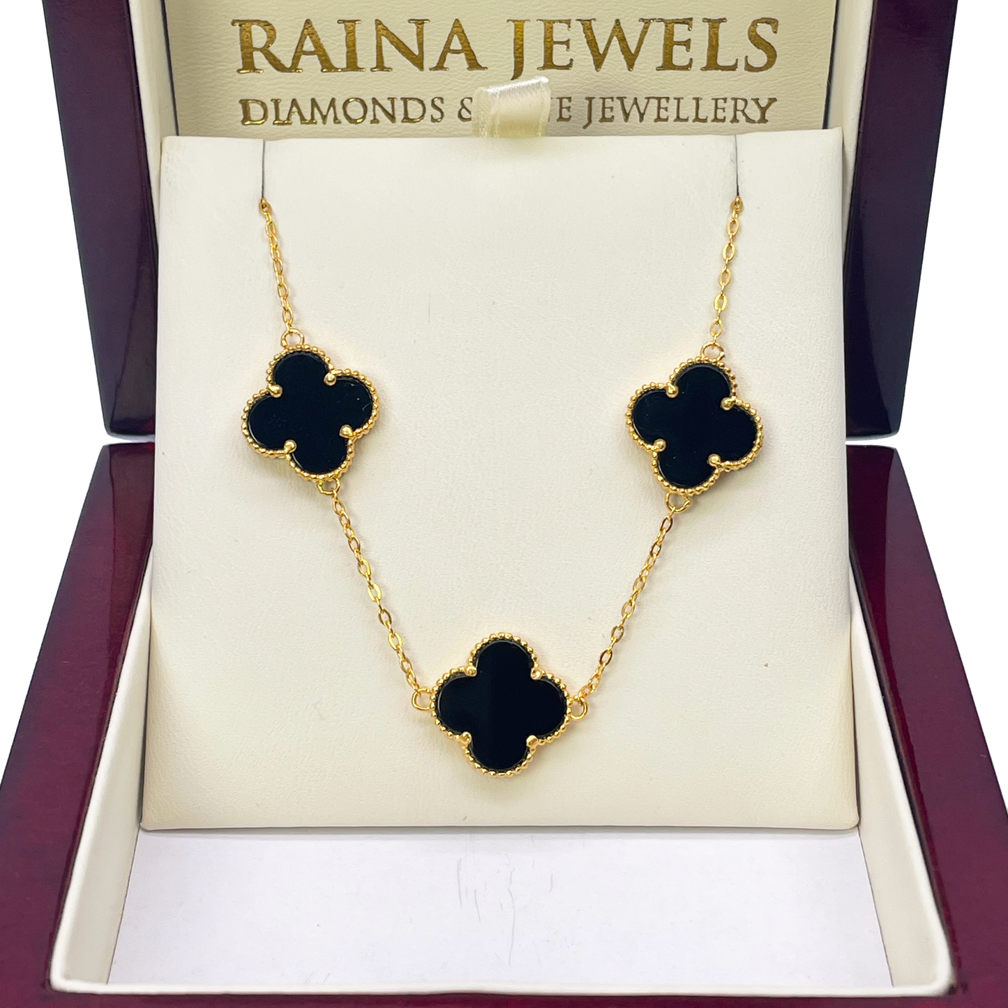 22ct Yellow Gold Black Onyx Clover Necklace 15"inches