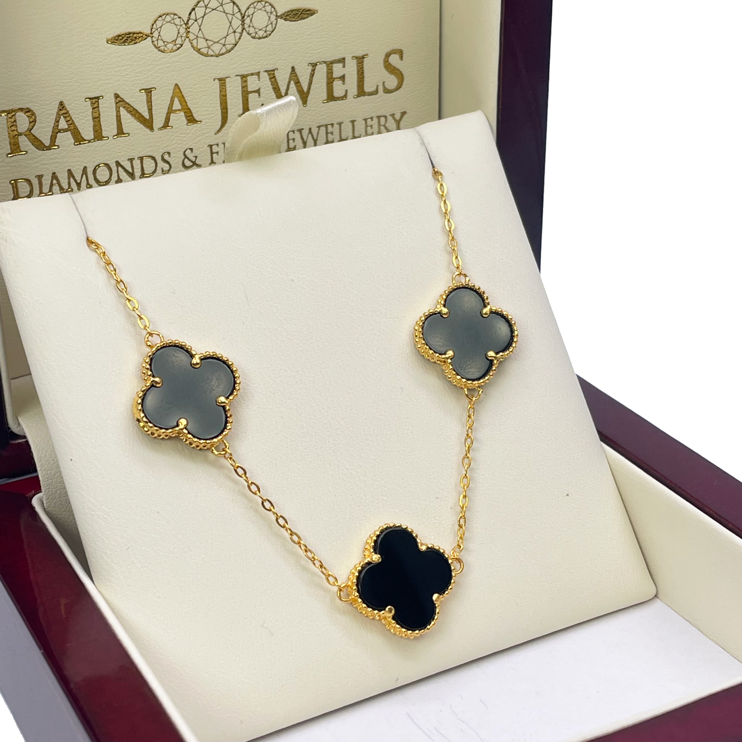 22ct Yellow Gold Black Onyx Clover Necklace 15"inches