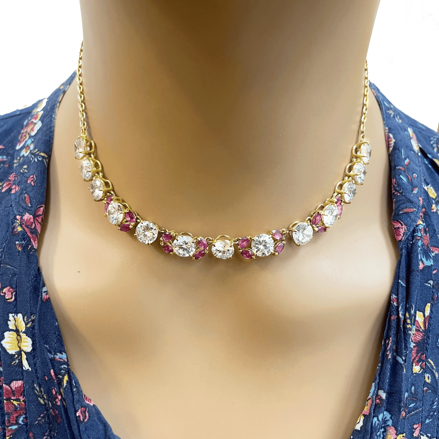 18ct Cubic Zirconia & Synthetic Ruby Necklace, 22.6gms