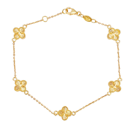 22ct Yellow Gold 5 Floral Mini Clover Diamond Cut Bracelet 7.5 Inches
