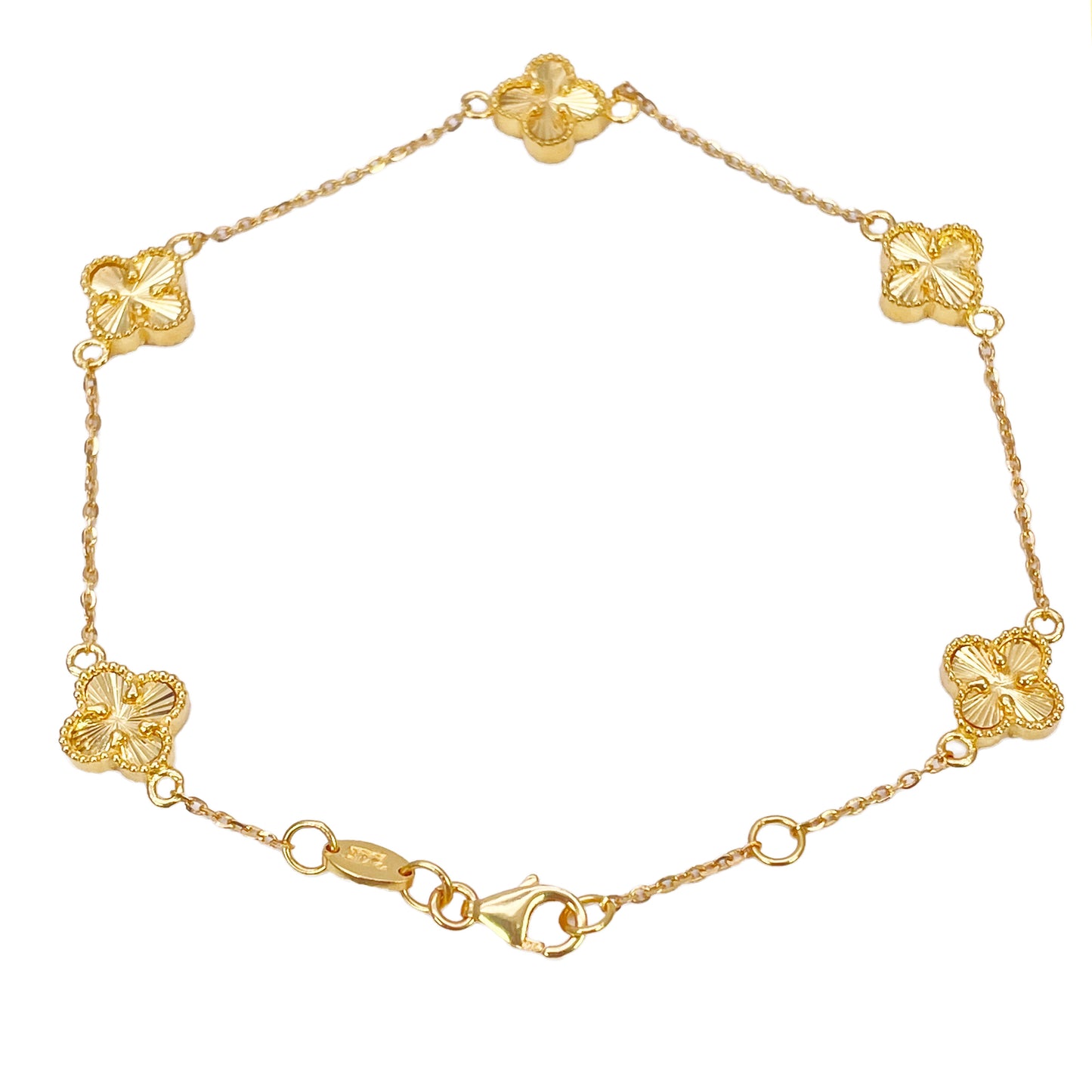 22ct Yellow Gold 5 Floral Mini Clover Diamond Cut Bracelet 7.5 Inches
