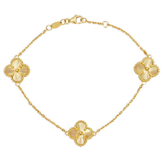22ct Yellow Gold 3 Floral Clover Diamond Cut Bracelet 7 Inches