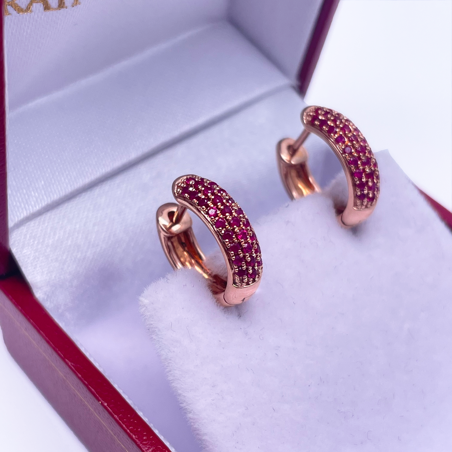 14ct Rose Gold Ruby Pair of Hoop Earrings 0.34 carats 4mm wide