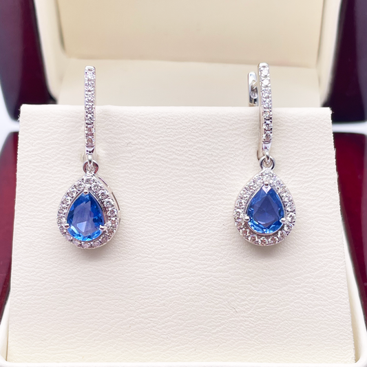 18ct White Gold Diamond & Blue Sapphire Pear Halo Teardrop Hoop Earrings 2.17ct