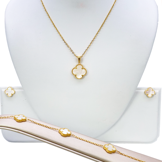 22ct Yellow Gold Mother Of Pearl Clover Necklace, Bracelet & Matching Earrings Set  Diamond Bracelets