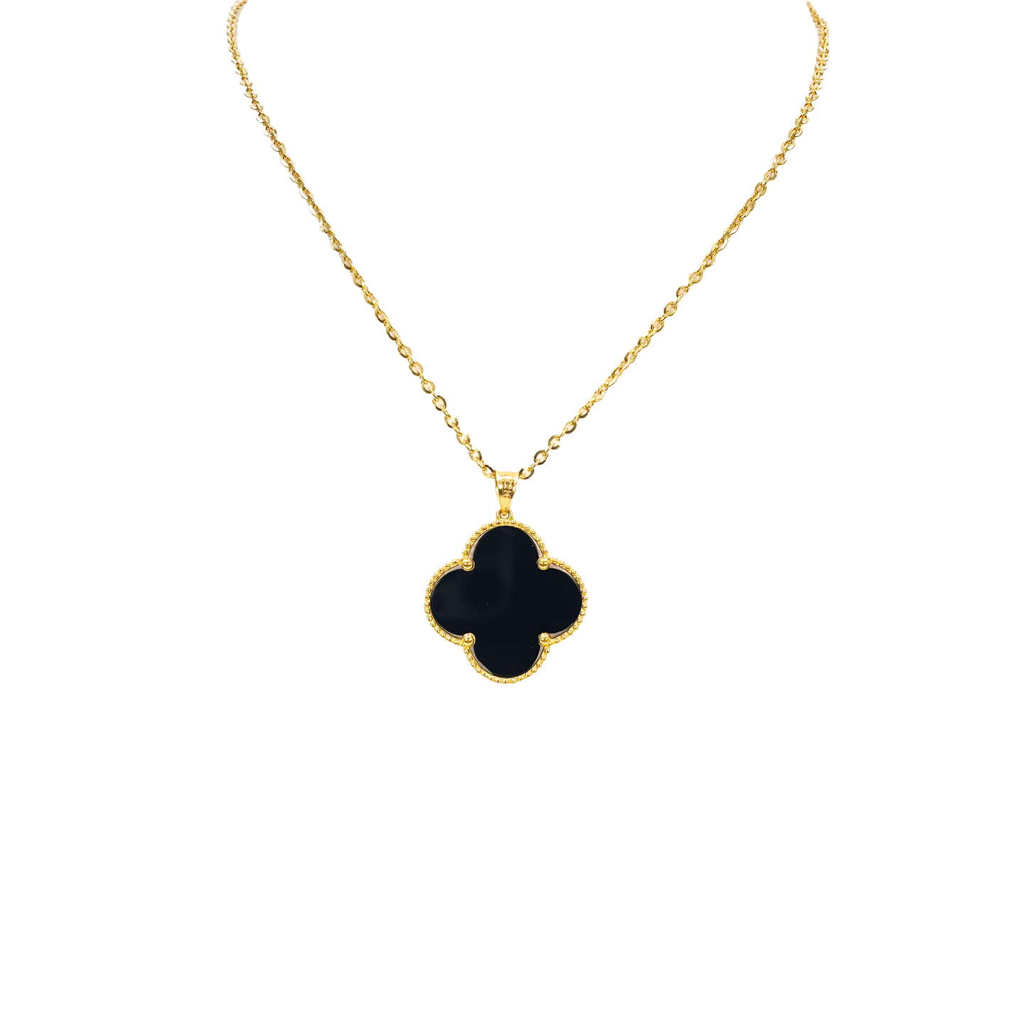 22ct Yellow Gold Black Onyx Or Mother Of Pearl Clover Pendant & Chain Necklace 18''inches