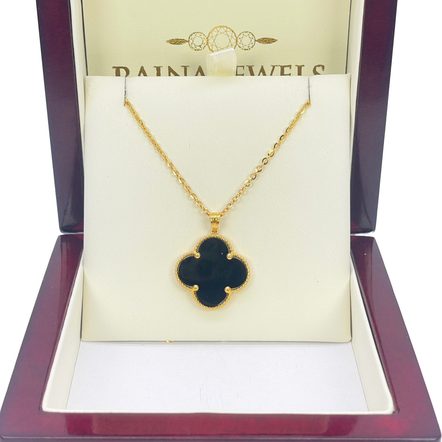 22ct Yellow Gold Black Onyx Or Mother Of Pearl Clover Pendant & Chain Necklace 18''inches