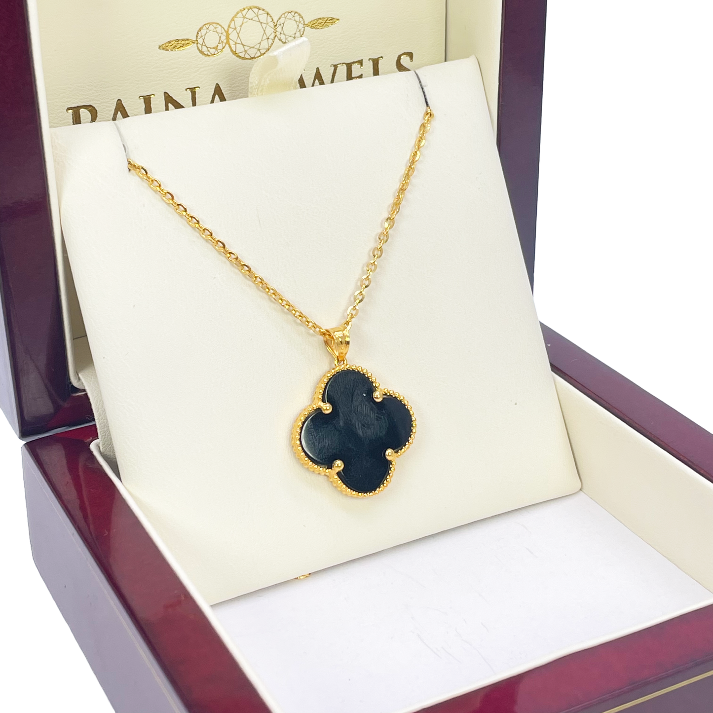 22ct Yellow Gold Black Onyx Or Mother Of Pearl Clover Pendant & Chain Necklace 18''inches