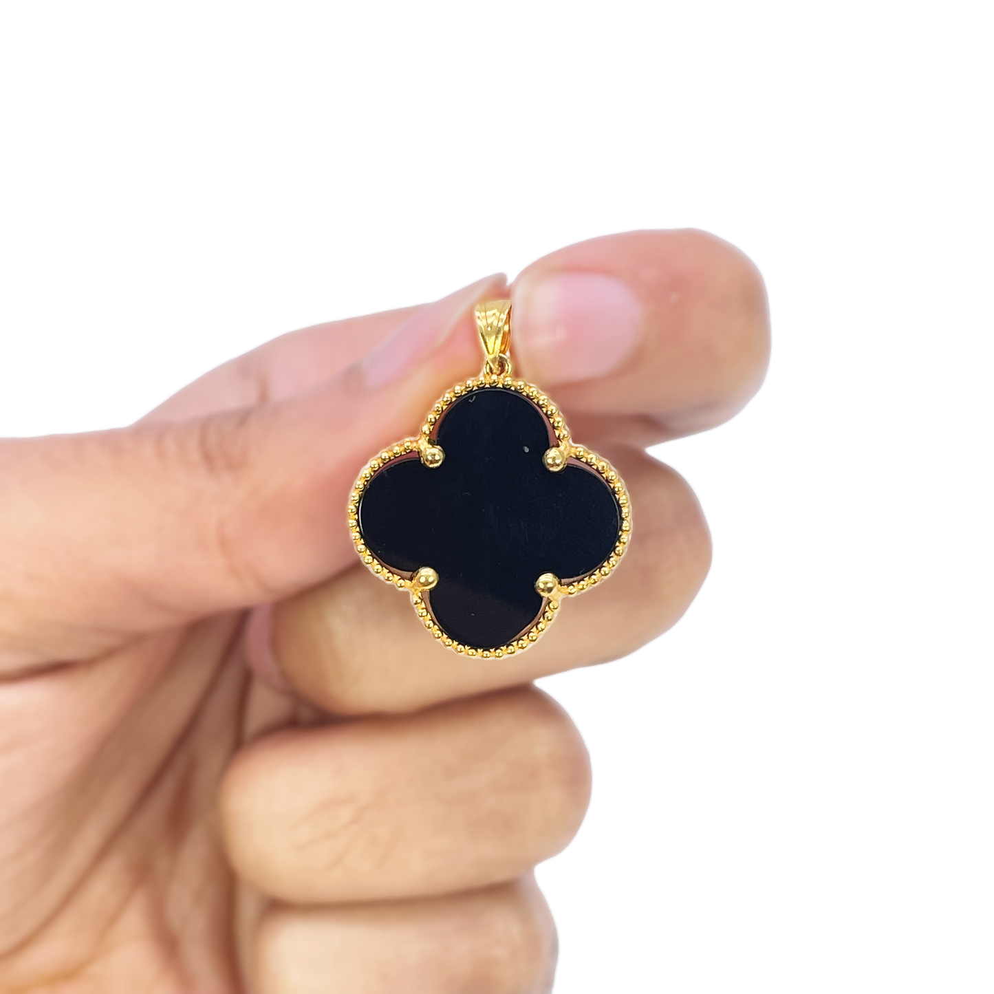 22ct Yellow Gold Black Onyx Or Mother Of Pearl Clover Pendant & Chain Necklace 18''inches