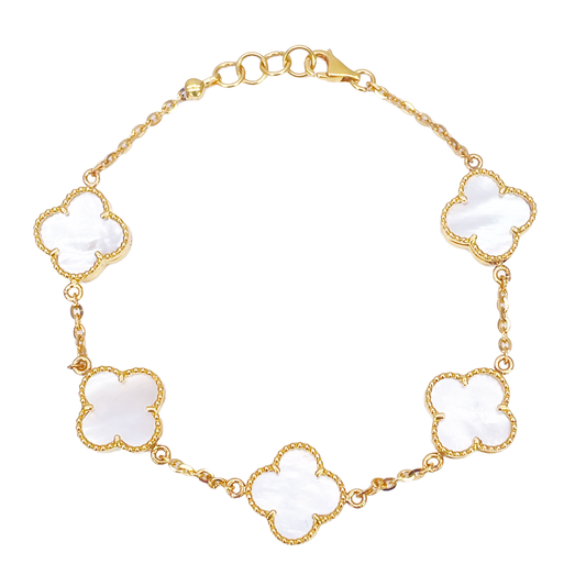 22ct Yellow Gold 5 Floral Clover Mother Of Pearl Bracelet 7 inches