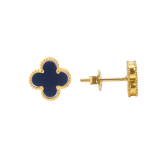 22ct Yellow Gold Small Black Onyx Clover Stud Earrings 9mm Width