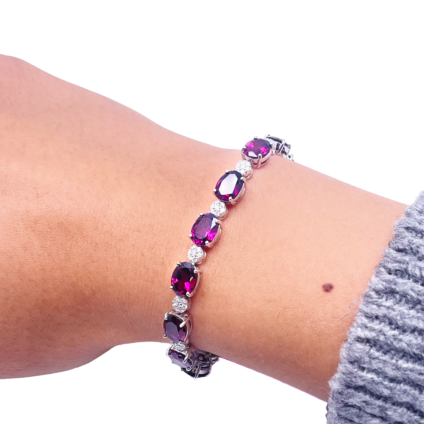 14ct White Gold Natural Diamond & Purple Rhodolite Garnet Oval Cluster Bracelet