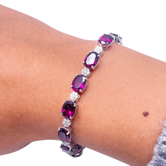 14ct White Gold Natural Diamond & Purple Rhodolite Garnet Oval Cluster Bracelet